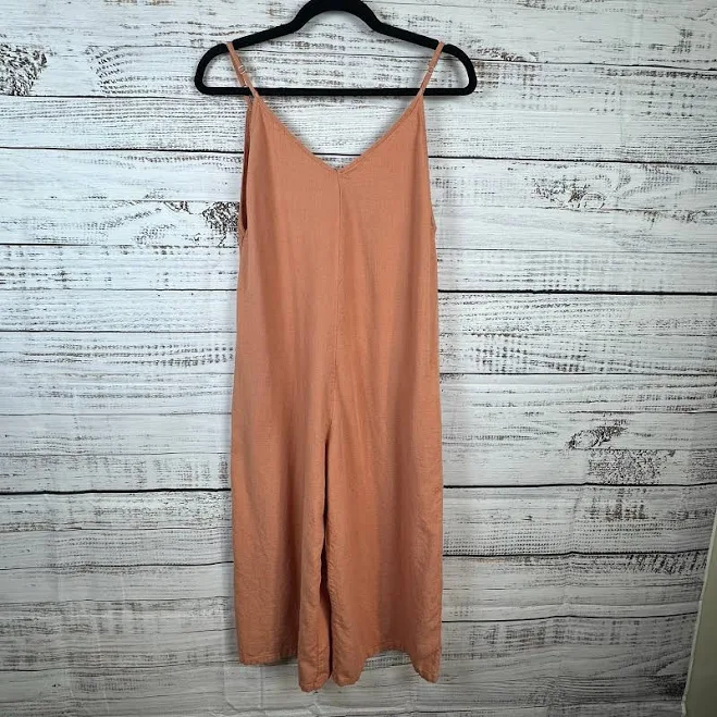 Womens Shinestar Coral Peach Linen Blend Crop Wide Leg Jumpsuit Romper