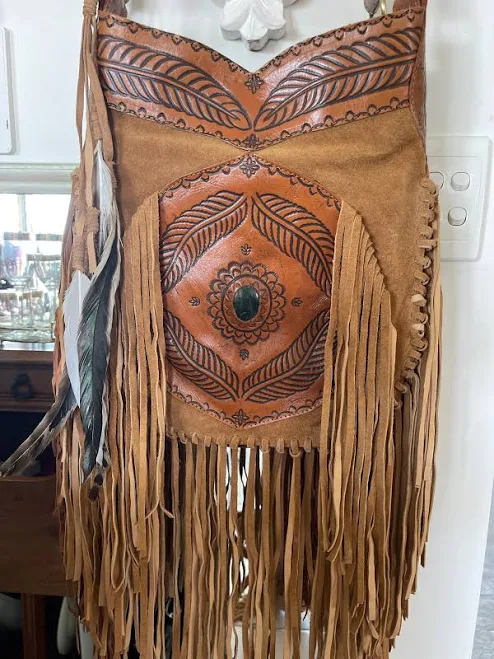 Hand-Tooled Suede Fringed Bag