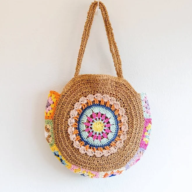 Elena Boho Round Straw Tote