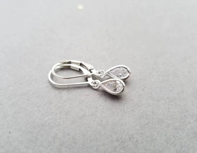 Tiny Sterling Silver Teardrop CZ Crystal Leverback Earrings