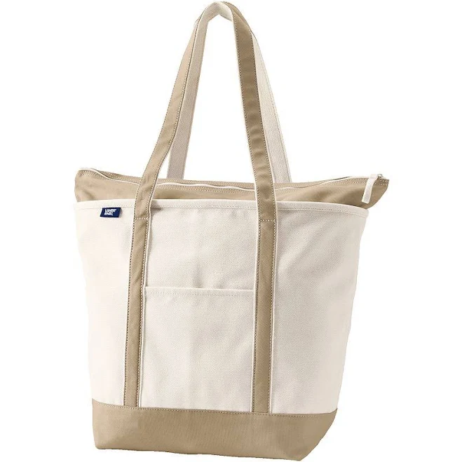 Lands' End Large 5 Pocket Zip Top Long Handle Canvas Tote Bag