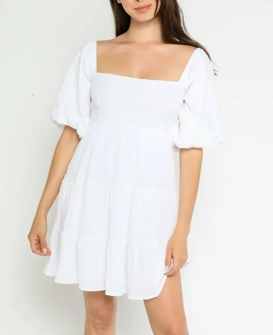 Olivaceous Babydoll Cotton/Linen Dress with Puff Sleeves
