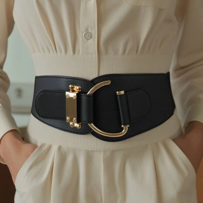 Women Black Stretch Wide Faux Leather Wide Fabric Belt Gold Hook