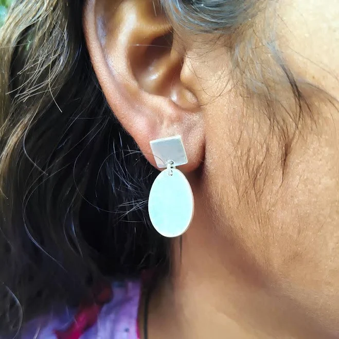 925 Modern Square Oval Silver Geometric Drop Earrings