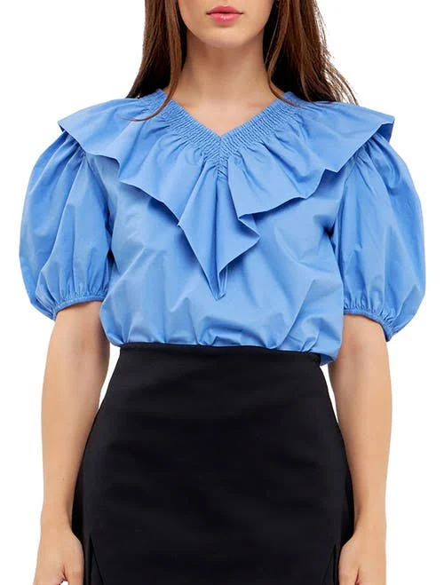 English Factory Women's Smocked Ruffle Puff Sleeve Cotton Blouse
