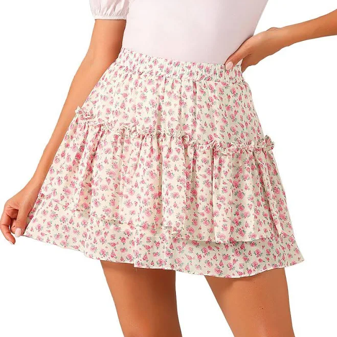 Floral Tiered Ruffle Chiffon Mini Skirt