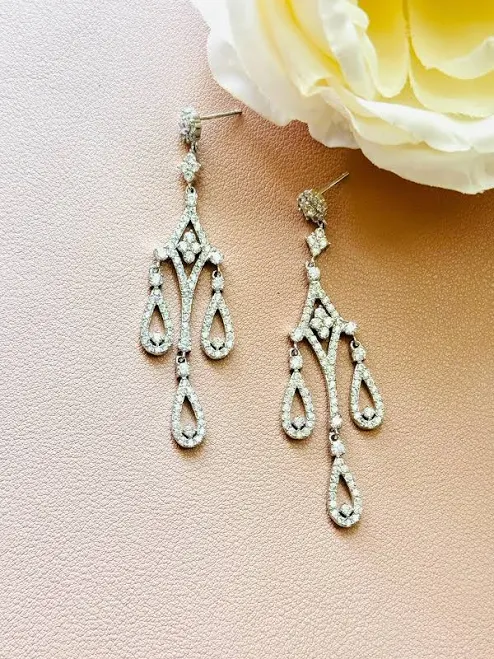 Vintage Glamour Silver Chandelier Earrings with Clear Crystal Teardrops
