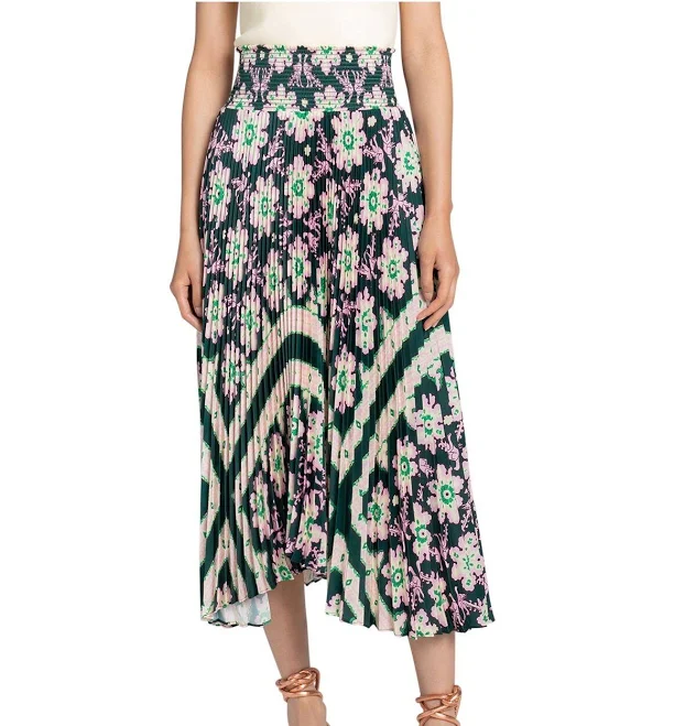 A.L.C Womens Green Stretch Smocked Pleated Floral Maxi A-Line Skirt