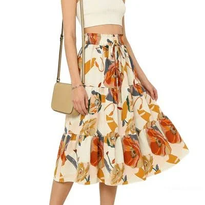 Women's Floral Print A-Line Flowy Midi Skirt