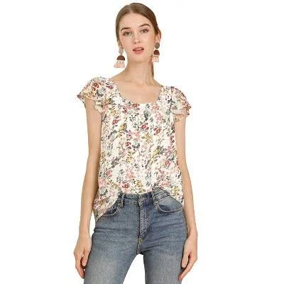 Inspire Chic Women's Ruffle Sleeve Square Neck Chiffon Blouse