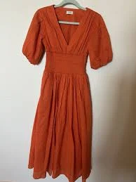 AYR Orange Smocked Waist Midi Dress Puff Sleeve V Neck EuropeVacation Wedding XS