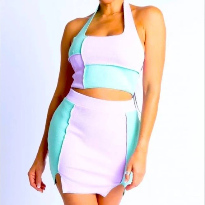 Color Block Crop Top and Skirt Set