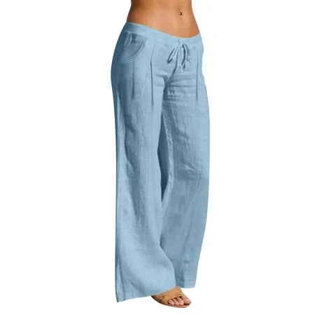 Nestiefly Women's Linen Wide Leg Lounge Pants with Pockets Lightweight High Waisted Palazzo Adjustable Tie Knot Flowy Trousers Sky Blue XL