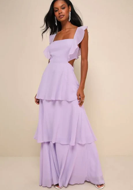 Lulus Purple Elegant Event Lavender Ruffled Tie-Back Tiered Maxi Dress Womens
