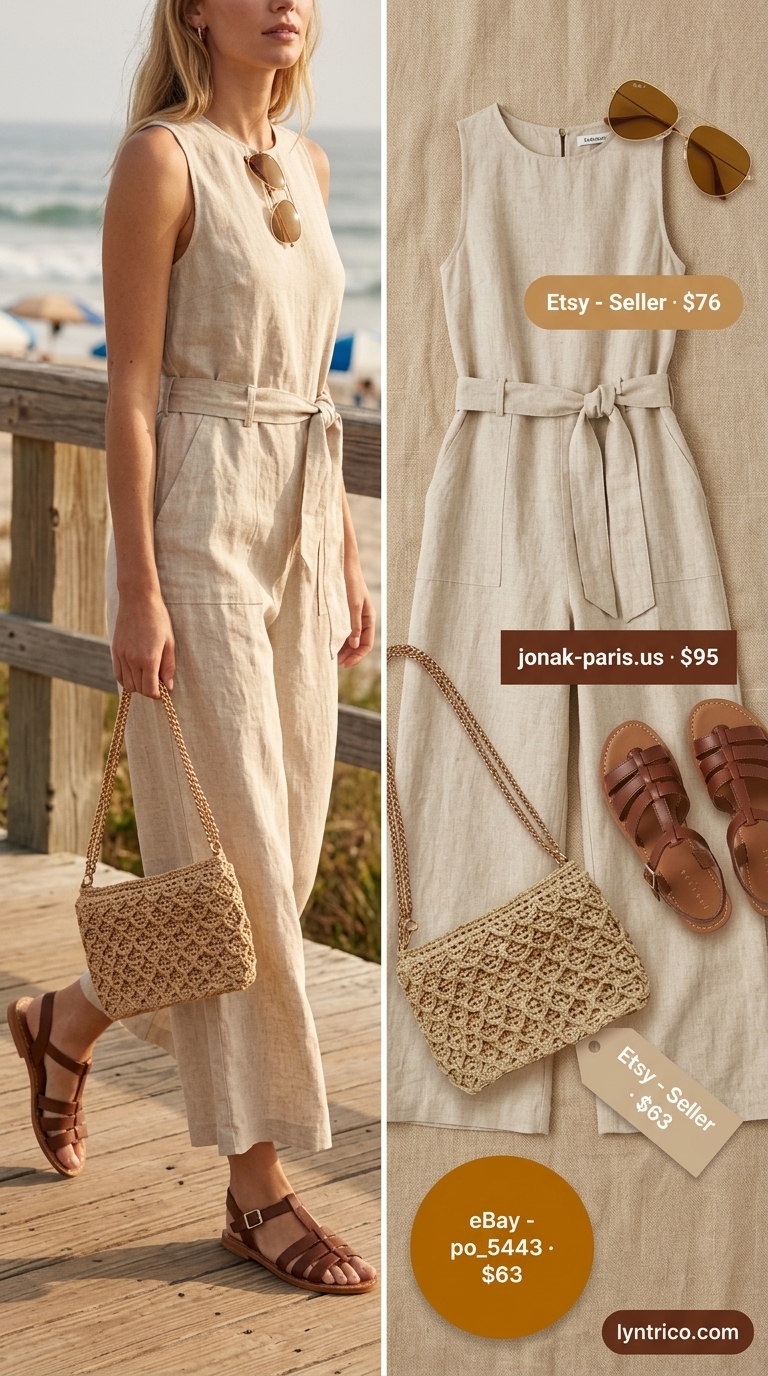 Boardwalk Brunch Bliss: Sleeveless Summer Linen Jumpsuits for Women 2026 Effortless beige sleeveless linen jumpsuit for women 2026, styled for a summer brunch with sandals.