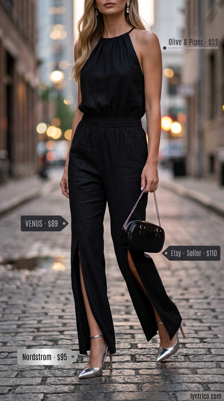 City Nights Glamour: Sleeveless Summer Linen Jumpsuits for Women 2026 Sleek black sleeveless linen jumpsuit for women 2026, paired with silver pumps for an evening event.