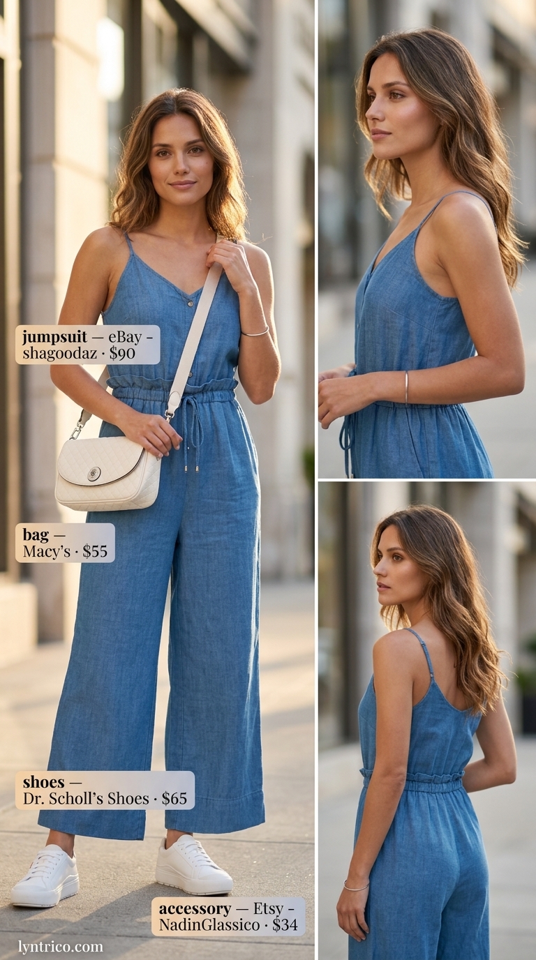 Sleeveless Summer Linen Jumpsuits for Women 2026: City Stroll Style Chambray blue sleeveless linen jumpsuit for women 2026, styled for city exploration with white sneakers and a crossbody bag.