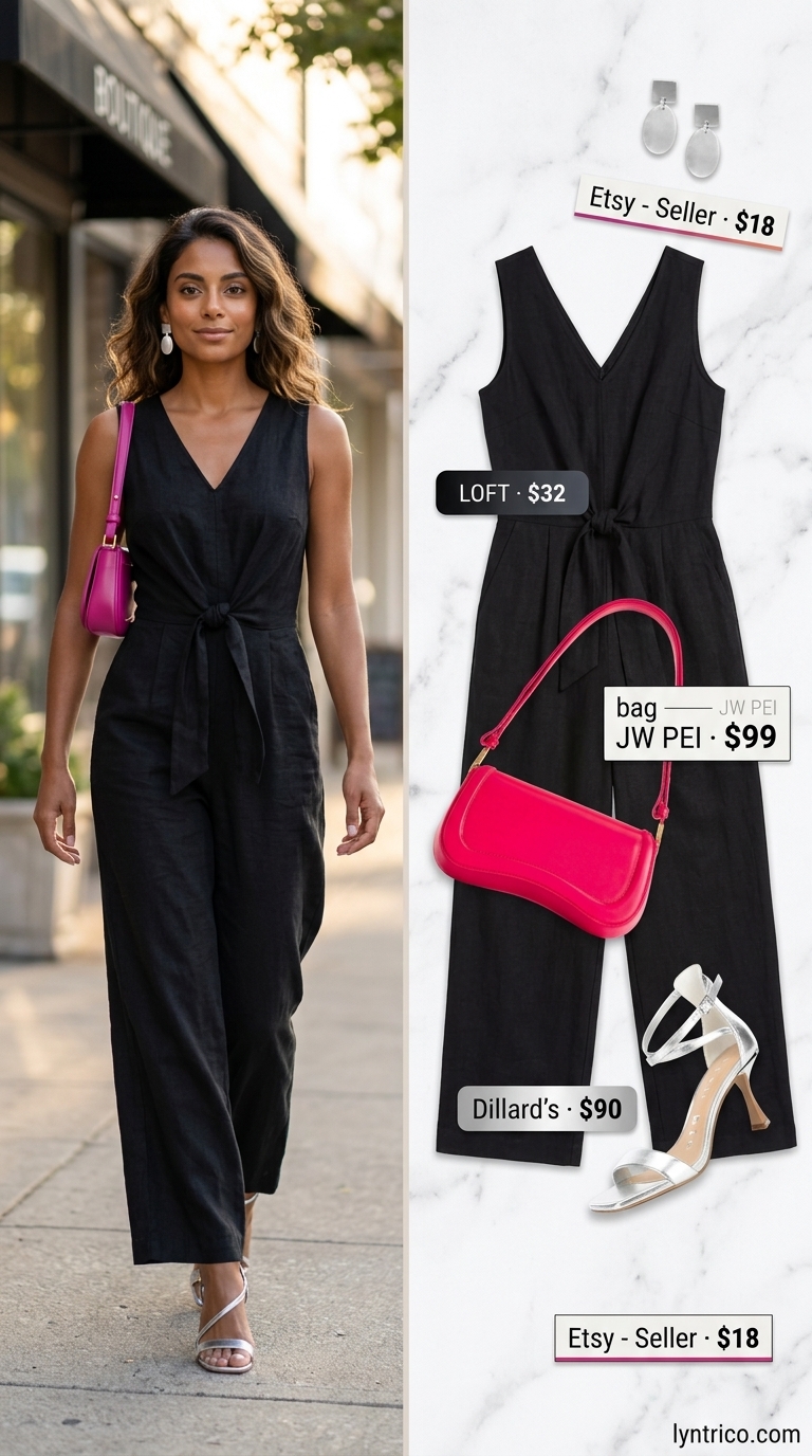 Sleeveless Summer Linen Jumpsuits for Women 2026: Date Night Sleek Black sleeveless linen jumpsuit for women 2026, dressed up with silver heels and a magenta bag for date night.