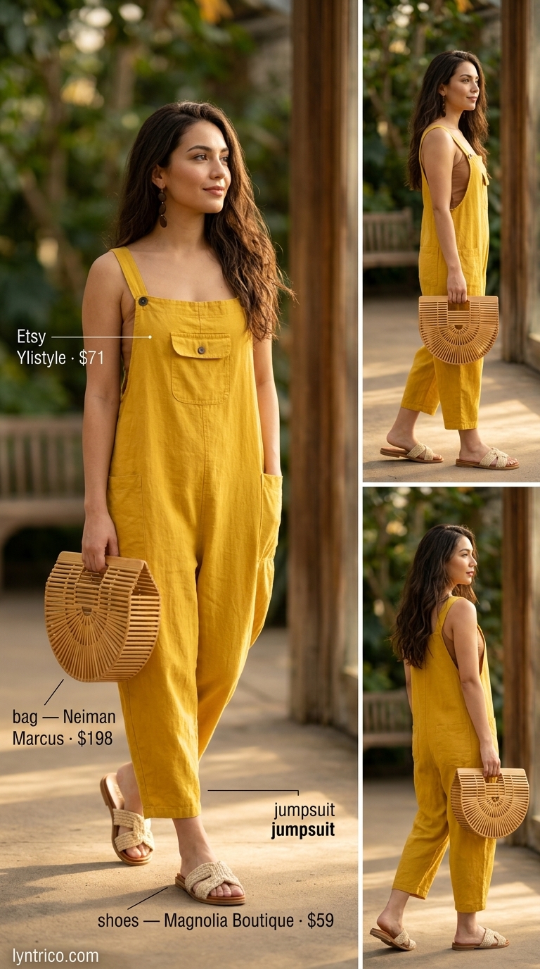 Sleeveless Summer Linen Jumpsuits for Women 2026: Day Party Vibe Bright yellow sleeveless linen jumpsuit for women 2026, perfect for a summer day party with woven slides and a bamboo bag.