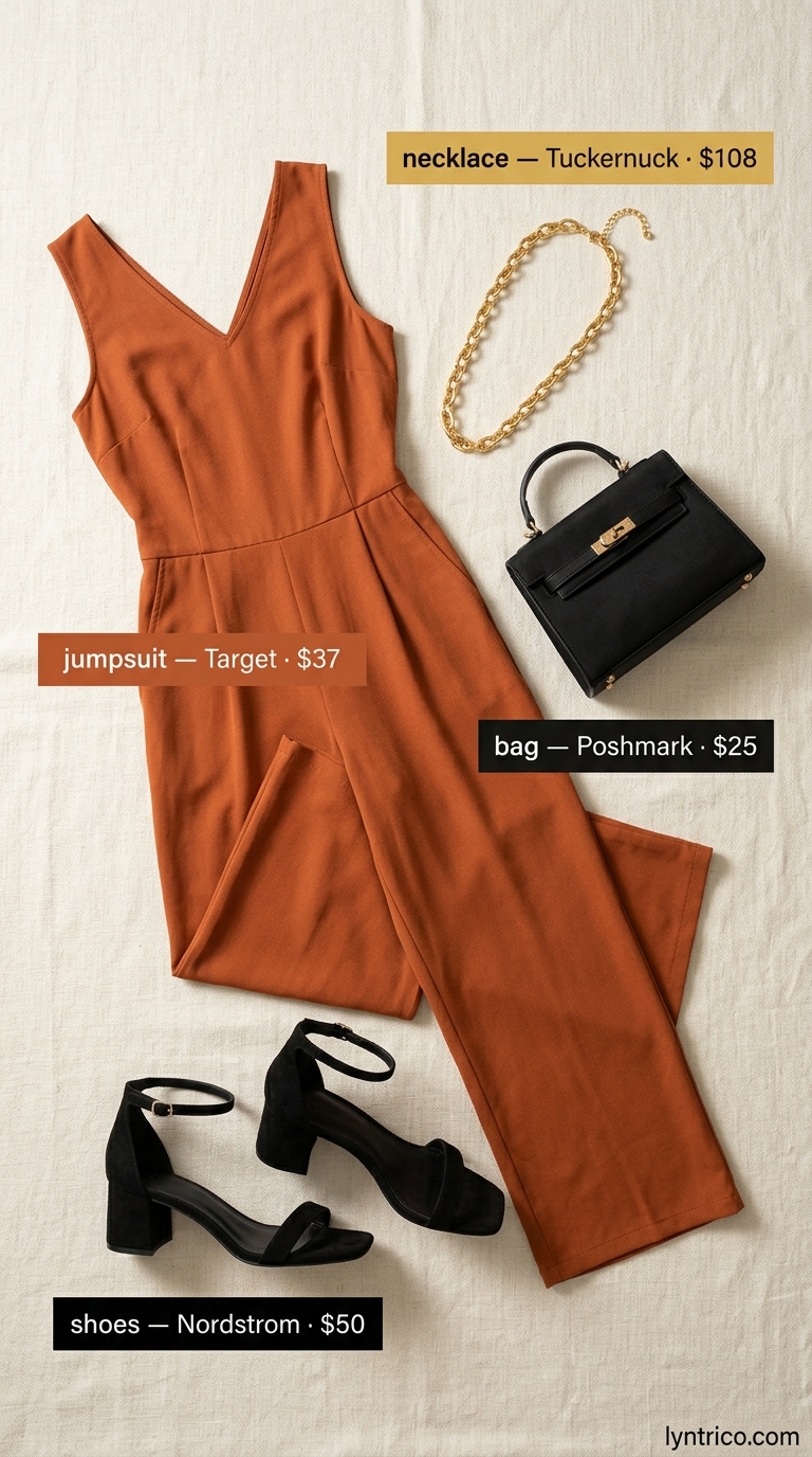 Sleeveless Summer Linen Jumpsuits for Women 2026: Evening Chic Terracotta sleeveless linen jumpsuit for women 2026, styled with black block heels and gold accessories for an evening party.