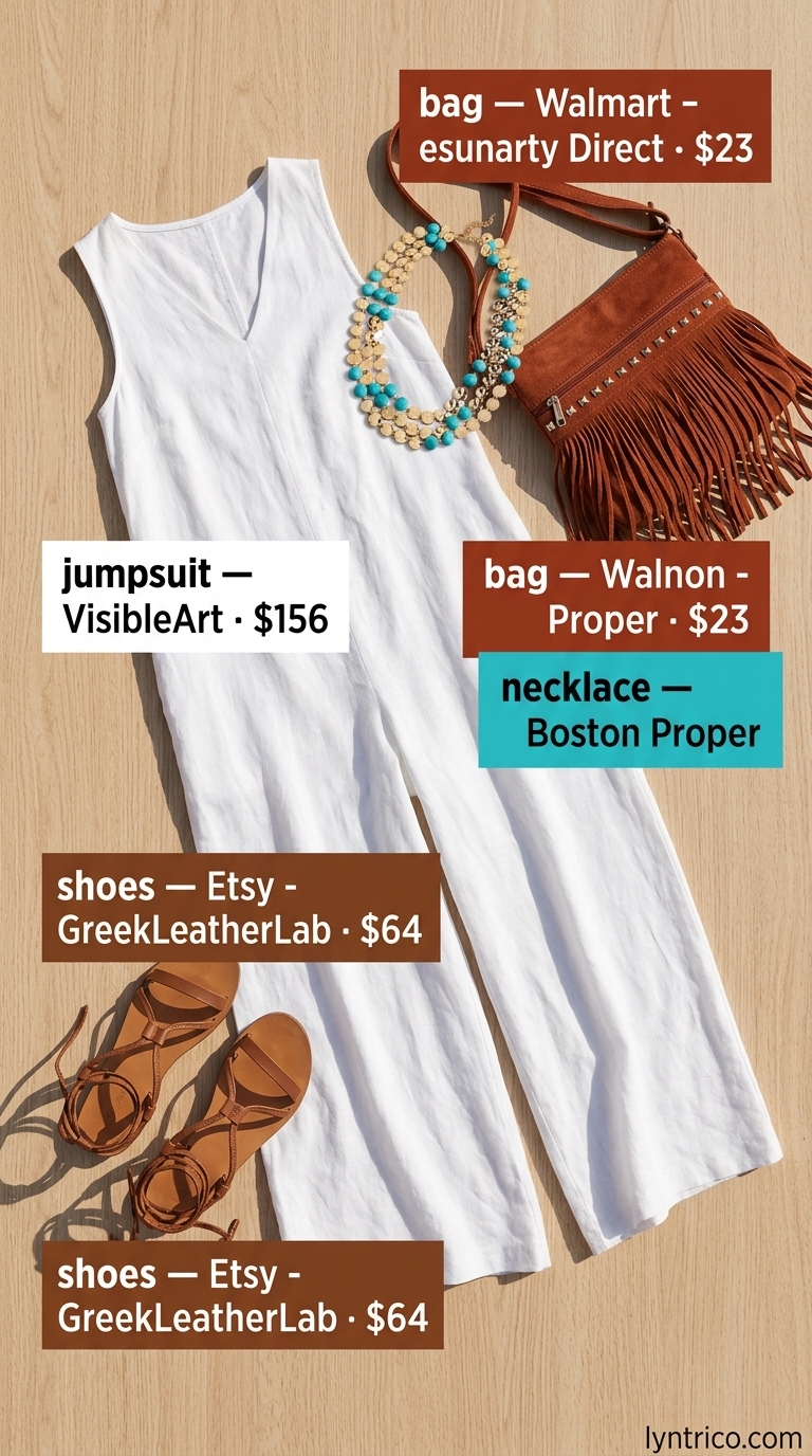 Sleeveless Summer Linen Jumpsuits for Women 2026: Festival Bohemian Off-white sleeveless linen jumpsuit for women 2026, styled for a festival with gladiator sandals and a fringe bag.