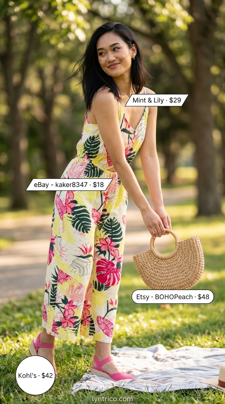 Floral Garden Picnic: Sleeveless Summer Linen Jumpsuits for Women 2026 Playful floral print sleeveless linen jumpsuit for women 2026, ideal for a garden picnic.