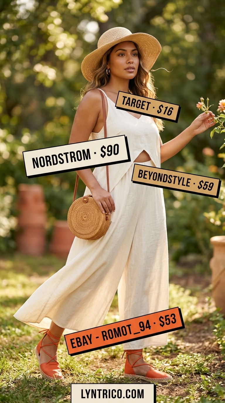 Sleeveless Summer Linen Jumpsuits for Women 2026: Garden Bohemian Ecru sleeveless linen jumpsuit for women 2026, styled for a garden party with woven espadrilles and a wide-brim hat.