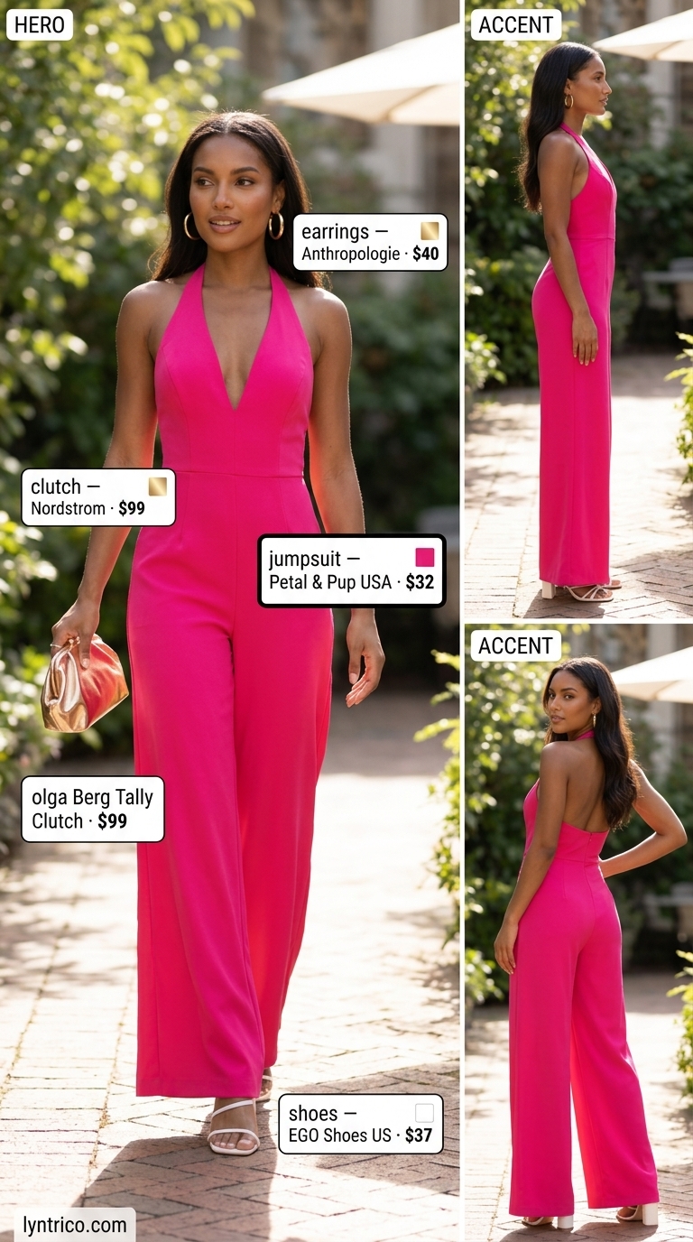 Sleeveless Linen Jumpsuit for Women 2026: Garden Party Glam Sleeveless summer linen jumpsuits for women 2026: Vibrant fuchsia halter jumpsuit, gold hoops, white sandals for garden parties.