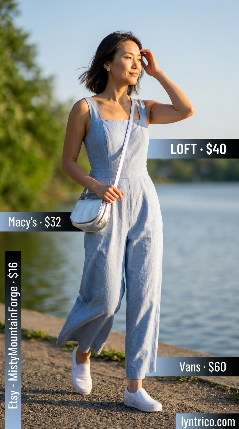Lakeside Lounge: Sleeveless Summer Linen Jumpsuits for Women 2026 Relaxed sky blue sleeveless linen jumpsuit for women 2026, perfect for lakeside lounging.