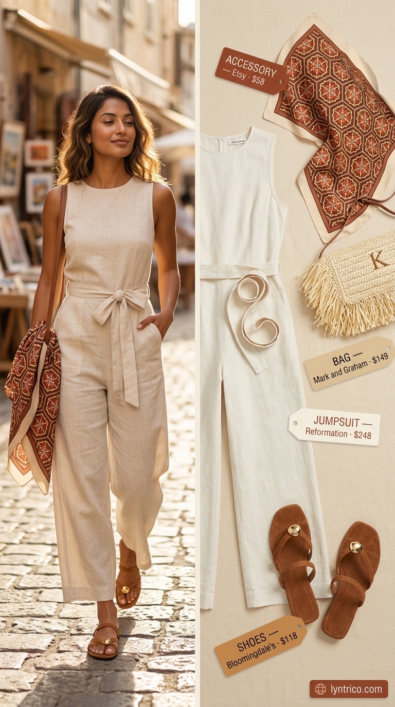 Sleeveless Summer Linen Jumpsuits for Women 2026: Market Day Ease Ecru sleeveless linen jumpsuit for women 2026, styled for a market day with leather slides and a silk headwrap.