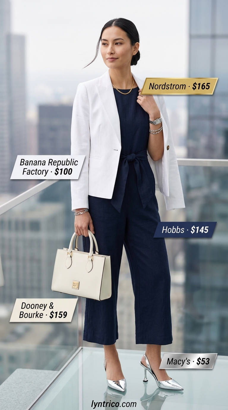 Summer Friday Office Polish: Sleeveless Summer Linen Jumpsuits for Women 2026 Polished navy sleeveless linen jumpsuit for women 2026, styled for the office with a blazer.