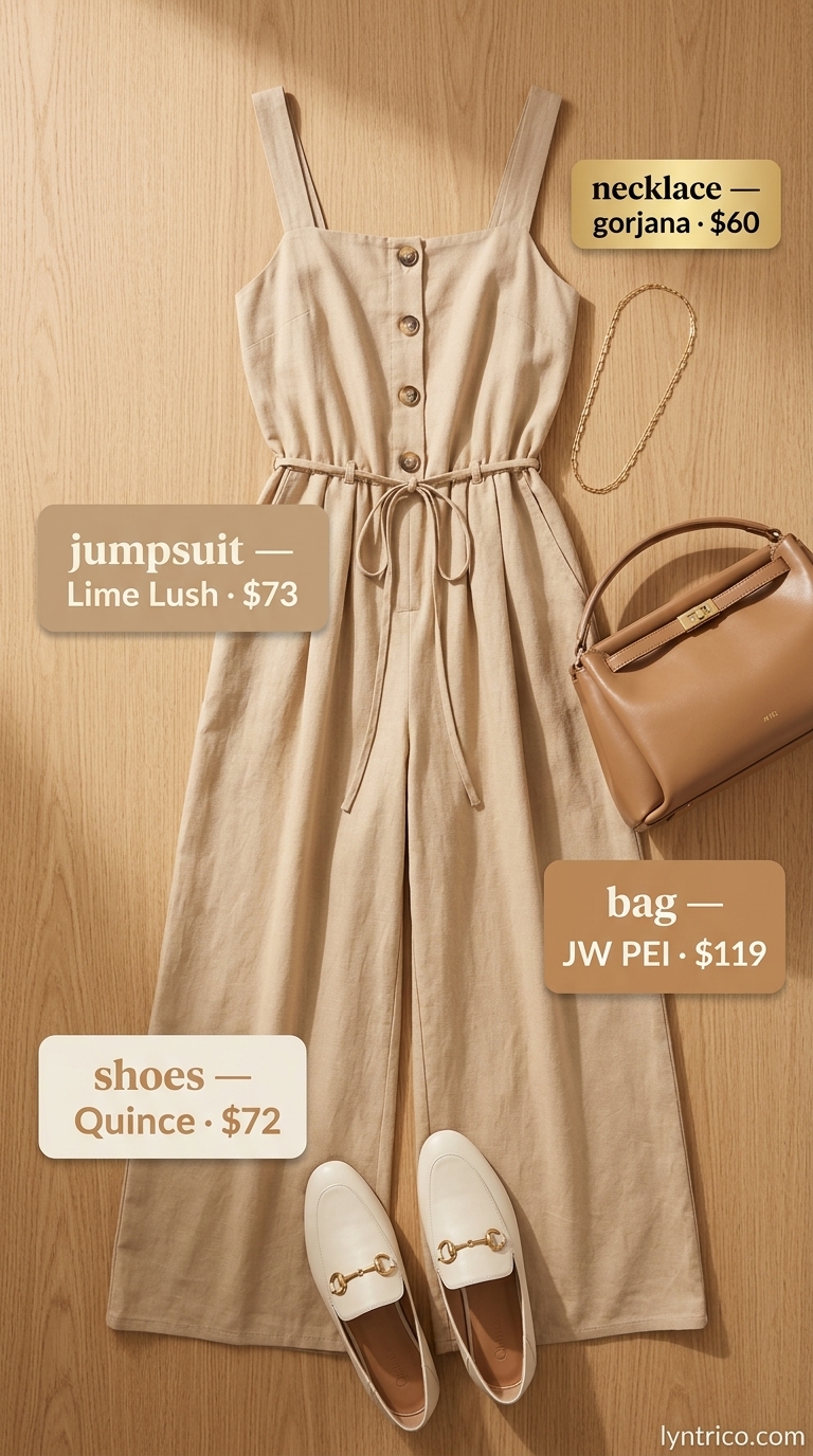 Sleeveless Summer Linen Jumpsuits for Women 2026: Parisian Brunch Beige sleeveless linen jumpsuit for women 2026, styled for brunch with leather mules and a top-handle bag.