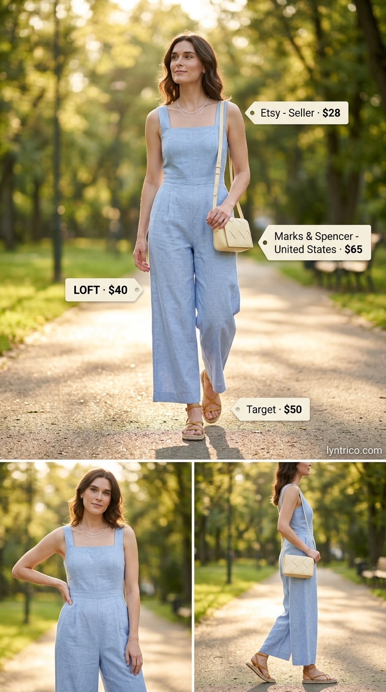 Sleeveless Summer Linen Jumpsuits for Women 2026: Picnic Style Sky blue sleeveless linen jumpsuit for women 2026, paired with tan espadrilles and a straw bag for a picnic.