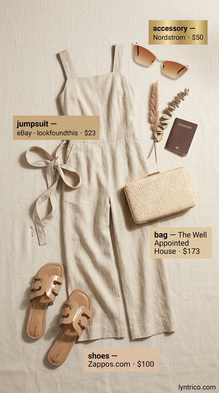 Sleeveless Linen Jumpsuit for Women 2026: Resort Dinner Style Sleeveless summer linen jumpsuits for women 2026: Beige wide-leg jumpsuit, straw clutch, gold jewelry for refined resort wear.