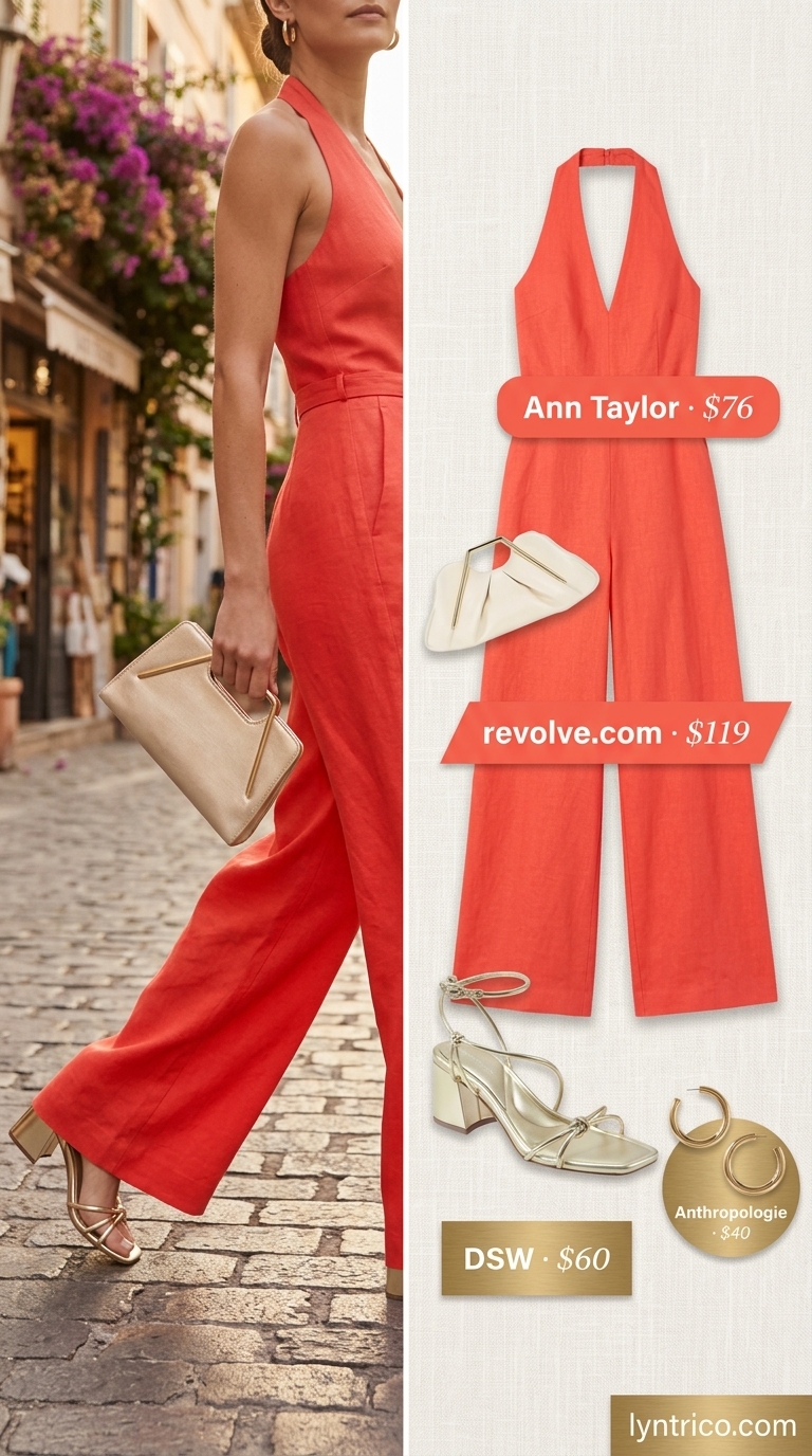 Bold coral sleeveless linen jumpsuit for women 2026, perfect for a summer dinner date.