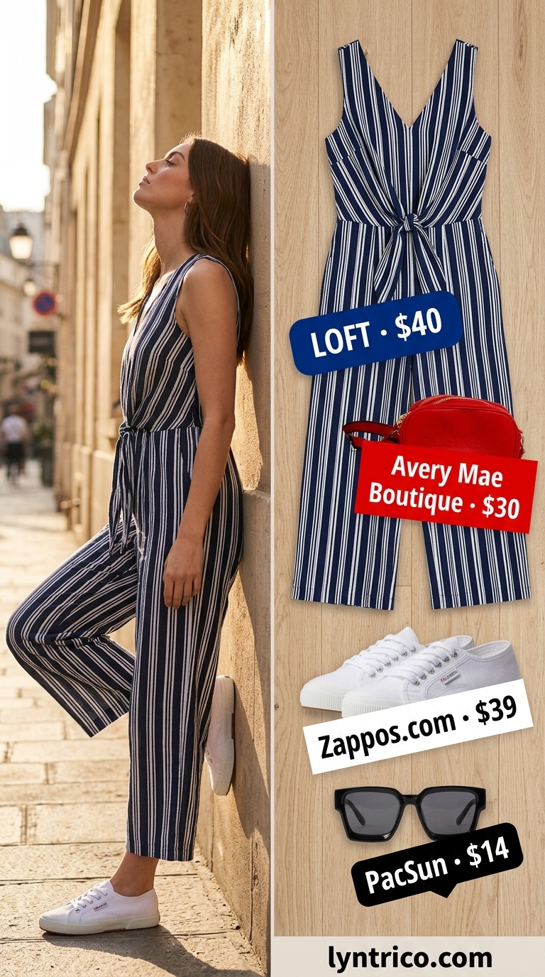 Sailor Stripe Summer: Sleeveless Summer Linen Jumpsuits for Women 2026 Fresh navy and white striped sleeveless linen jumpsuit for women 2026, for a casual getaway.