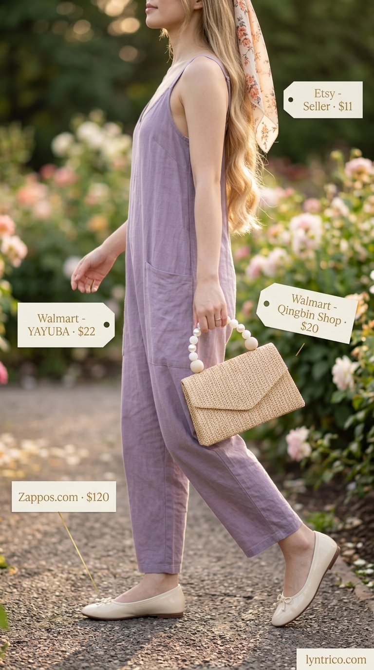 Sleeveless Summer Linen Jumpsuits for Women 2026: Tea Party Dream Lavender sleeveless linen jumpsuit for women 2026, styled for an afternoon tea with ballet flats and a straw bag.
