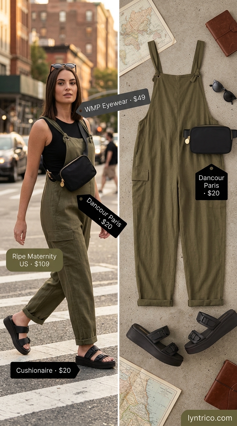 Urban Safari Explorer: Sleeveless Summer Linen Jumpsuits for Women 2026 Adventurous olive green utility linen jumpsuit for women 2026, styled for city exploration.