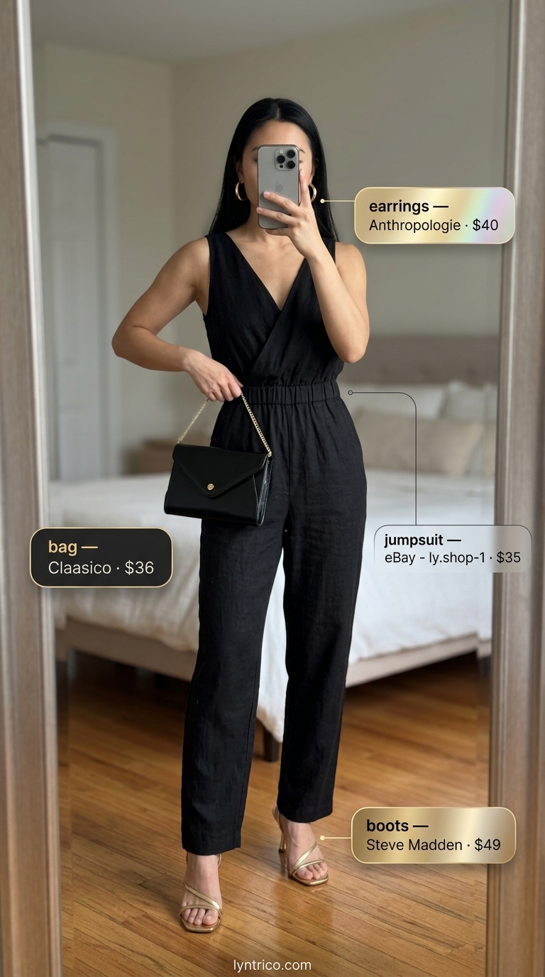 Sunset Dining Linen Jumpsuit 2026 Sleeveless summer linen jumpsuits for women 2026: Black tailored jumpsuit, gold statement earrings, red lipstick for sunset dining.