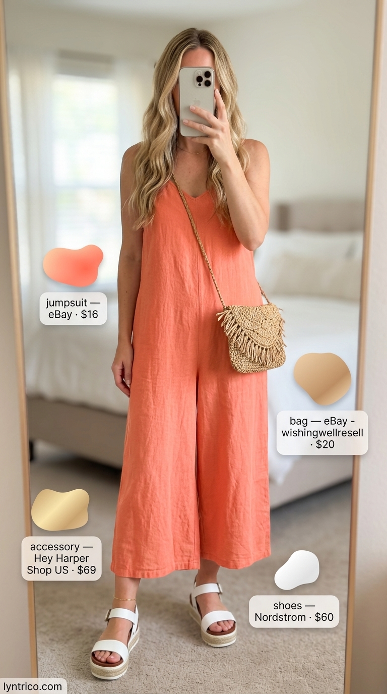 Weekend Market Linen Jumpsuit 2026 Sleeveless summer linen jumpsuits for women 2026: Coral cropped jumpsuit, straw bag, espadrille sandals for a fresh weekend market look.
