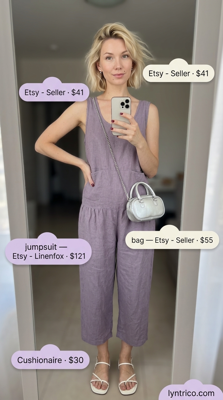 Feminine Garden Party Jumpsuit 2026 Sleeveless summer linen jumpsuits for women 2026: Soft lavender wrap jumpsuit, silver bag, white flats for a feminine garden party.