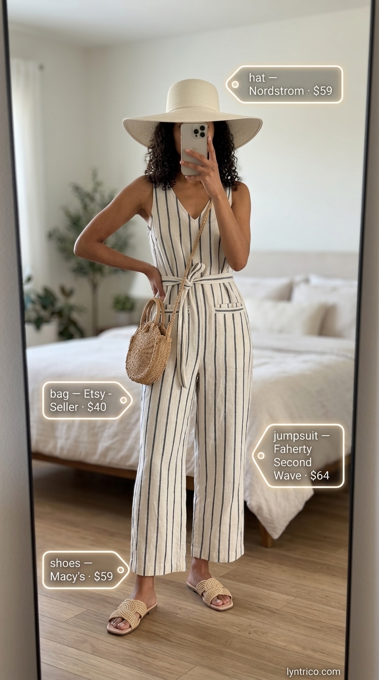 Boardwalk Breeze Linen Jumpsuit 2026 Sleeveless summer linen jumpsuits for women 2026: Navy stripe jumpsuit, straw hat, round crossbody bag for boardwalk breeze.