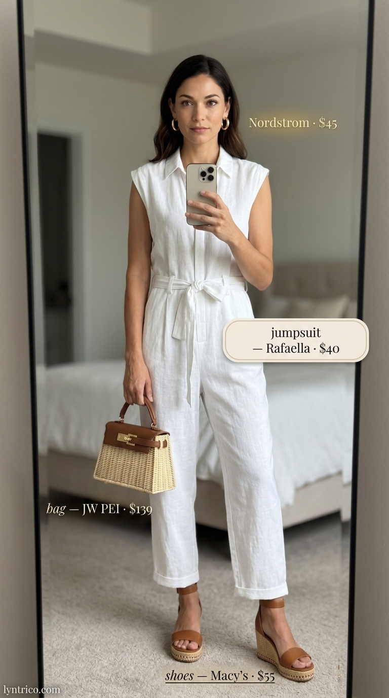 Sophisticated Safari Linen Jumpsuit 2026 Sleeveless summer linen jumpsuits for women 2026: Off-white tailored jumpsuit, rattan bag, wedge espadrilles for sophisticated safari.