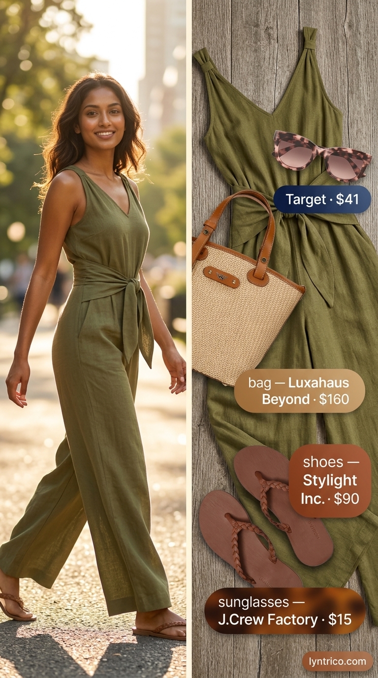 Safari Chic Linen Jumpsuit 2026 Sleeveless summer linen jumpsuits for women 2026: Olive green utility jumpsuit, straw tote, leather slides for safari chic.