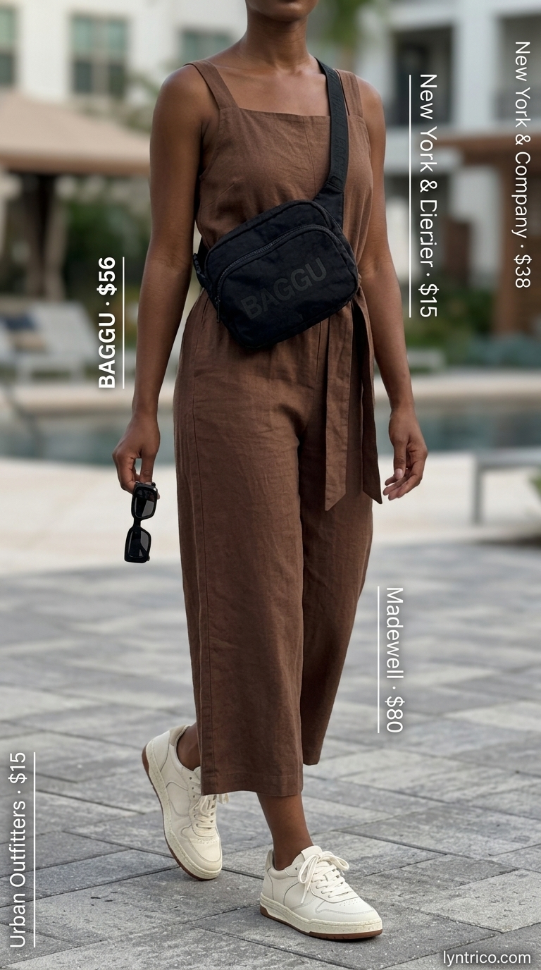 Urban Explorer Linen Jumpsuit 2026 Sleeveless summer linen jumpsuits for women 2026: Olive green utility jumpsuit, black belt bag, sunglasses, white sneakers for city exploring.