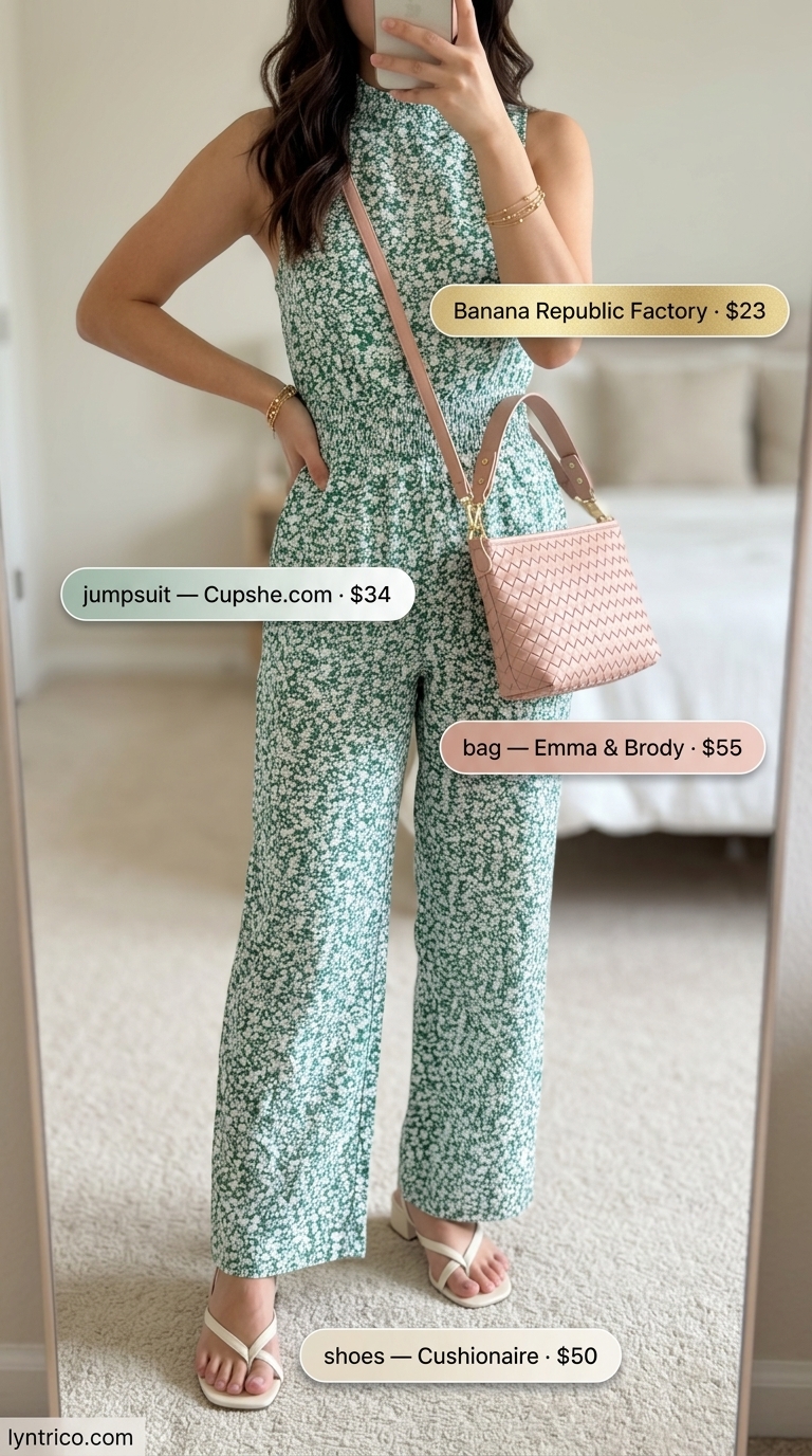 Garden Party Floral Jumpsuit 2026 Sleeveless summer linen jumpsuits for women 2026: Sage green floral jumpsuit, blush pink bag, cream sandals for garden party whimsy.