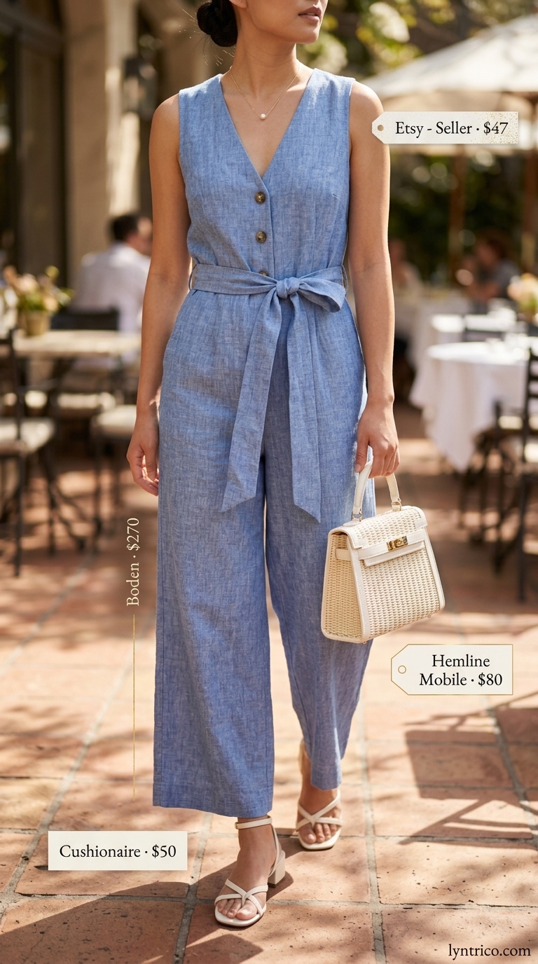 Riviera Brunch Linen Jumpsuit 2026 Sleeveless summer linen jumpsuits for women 2026: Sky blue elegant jumpsuit, raffia bag, cream sandals for Riviera brunch.