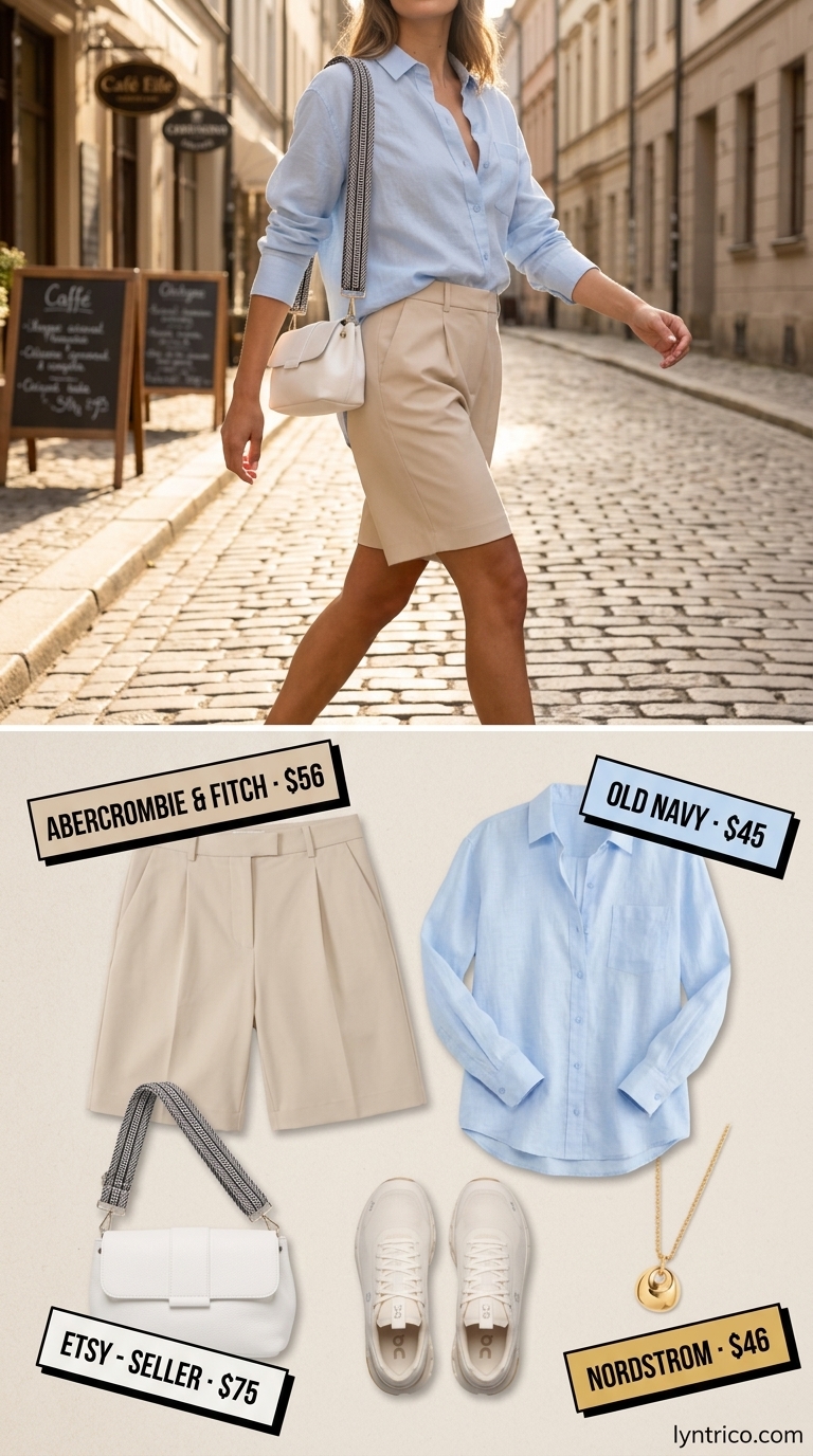 Sporty chic summer outfits 2026: Bermuda shorts, linen shirt, and sneakers for relaxed chic.