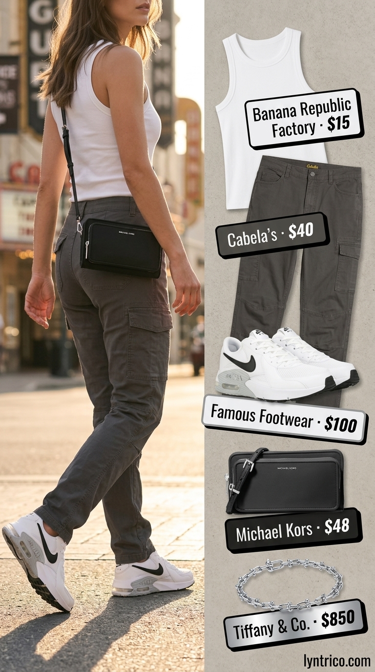 Sporty chic summer outfits 2026: Cargo pants, tank top, and sneakers for trendy comfort.