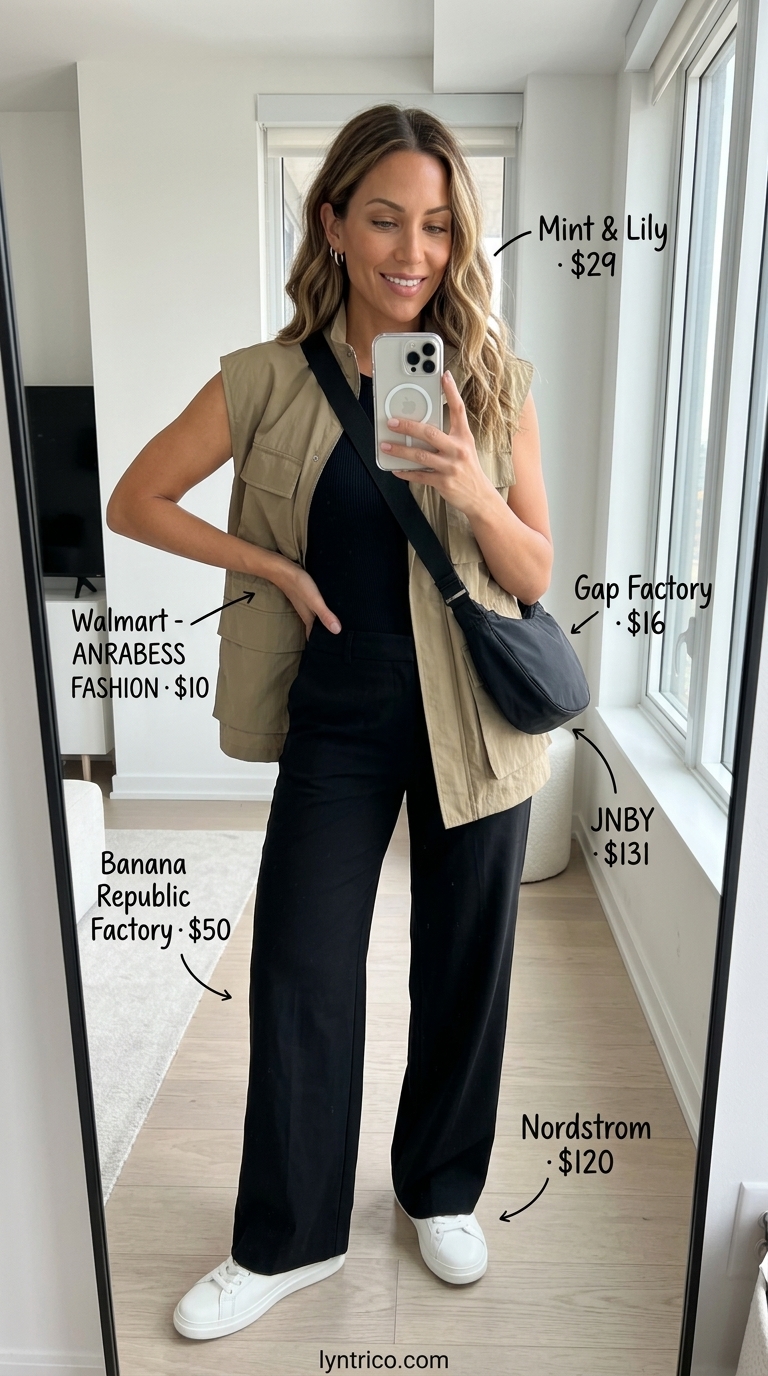 Sporty chic summer outfits 2026: Wide-leg trousers, vest, and sneakers for chic comfort.